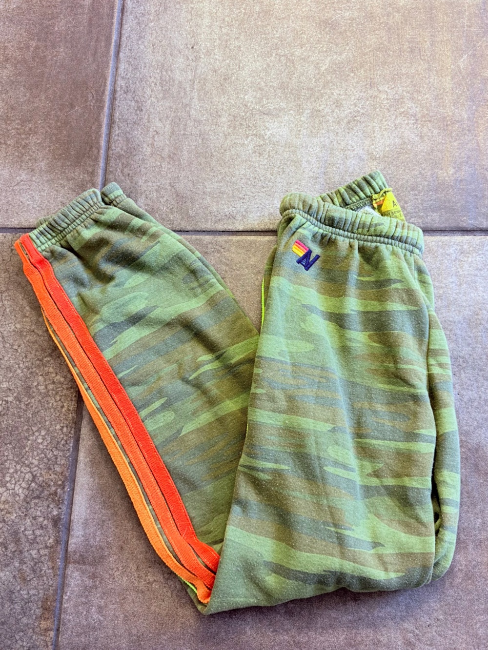 Aviator Nation Camo Joggers with Orange Yellow & Red Side Stripes